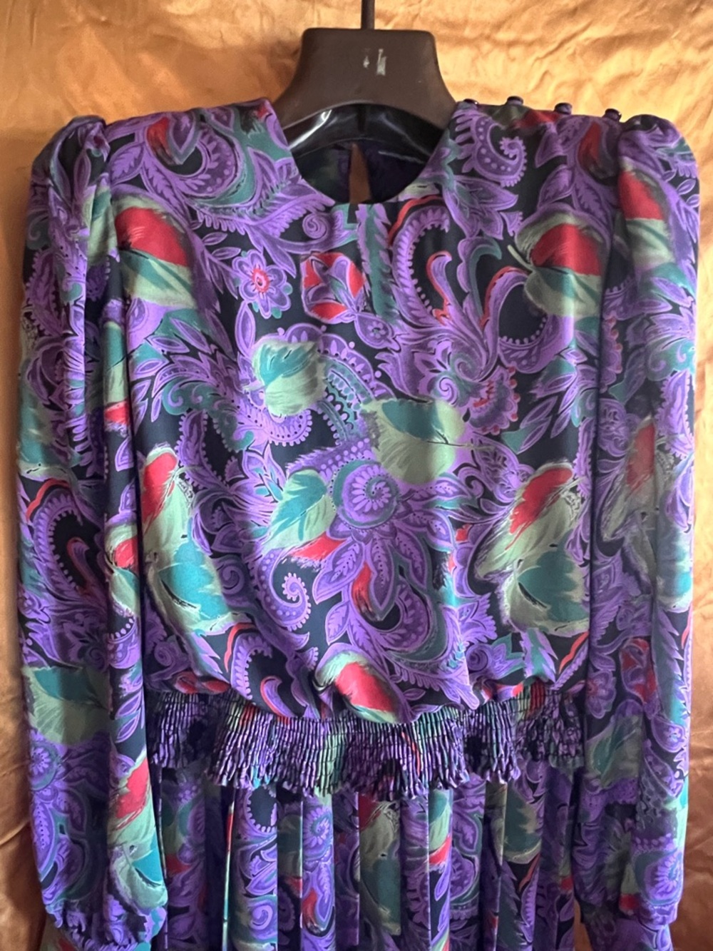 Purple Paisley Long Sleeve Smocked-Waist Dress